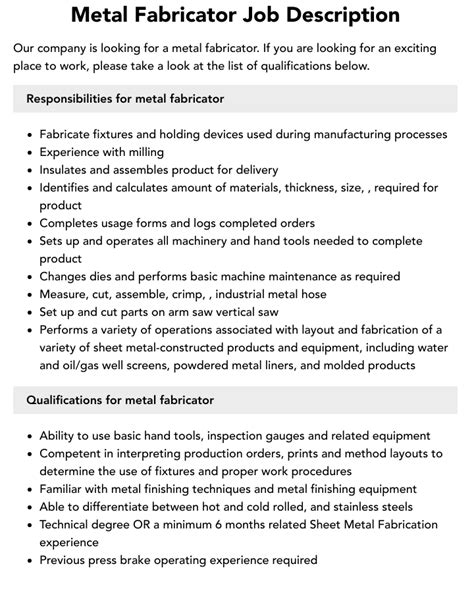 jobs in metal fabrication|sheet metal fabrication job duties.